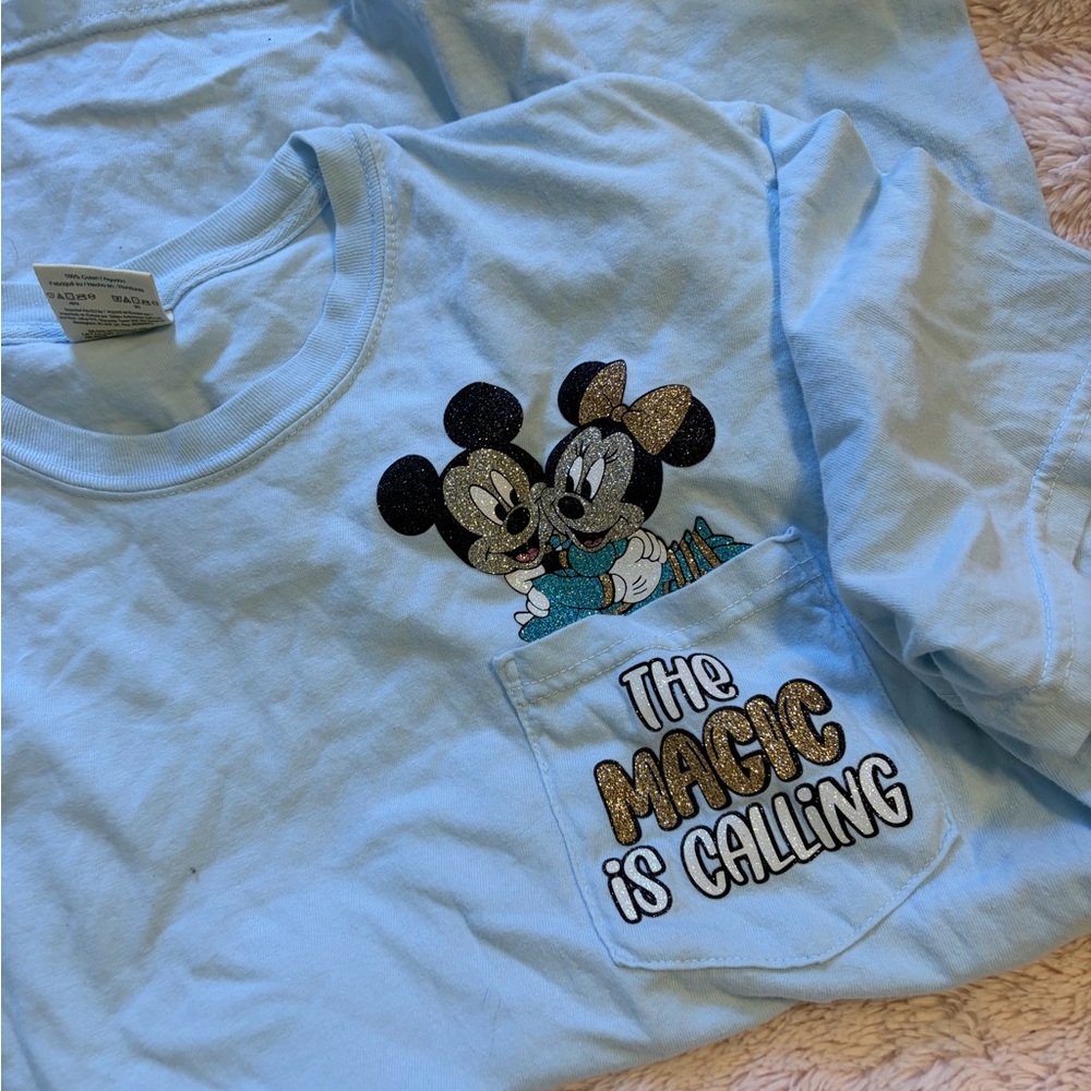 Disney Light Blue Short Sleeve Tee with Glitter Mickey & Minnie Pocket